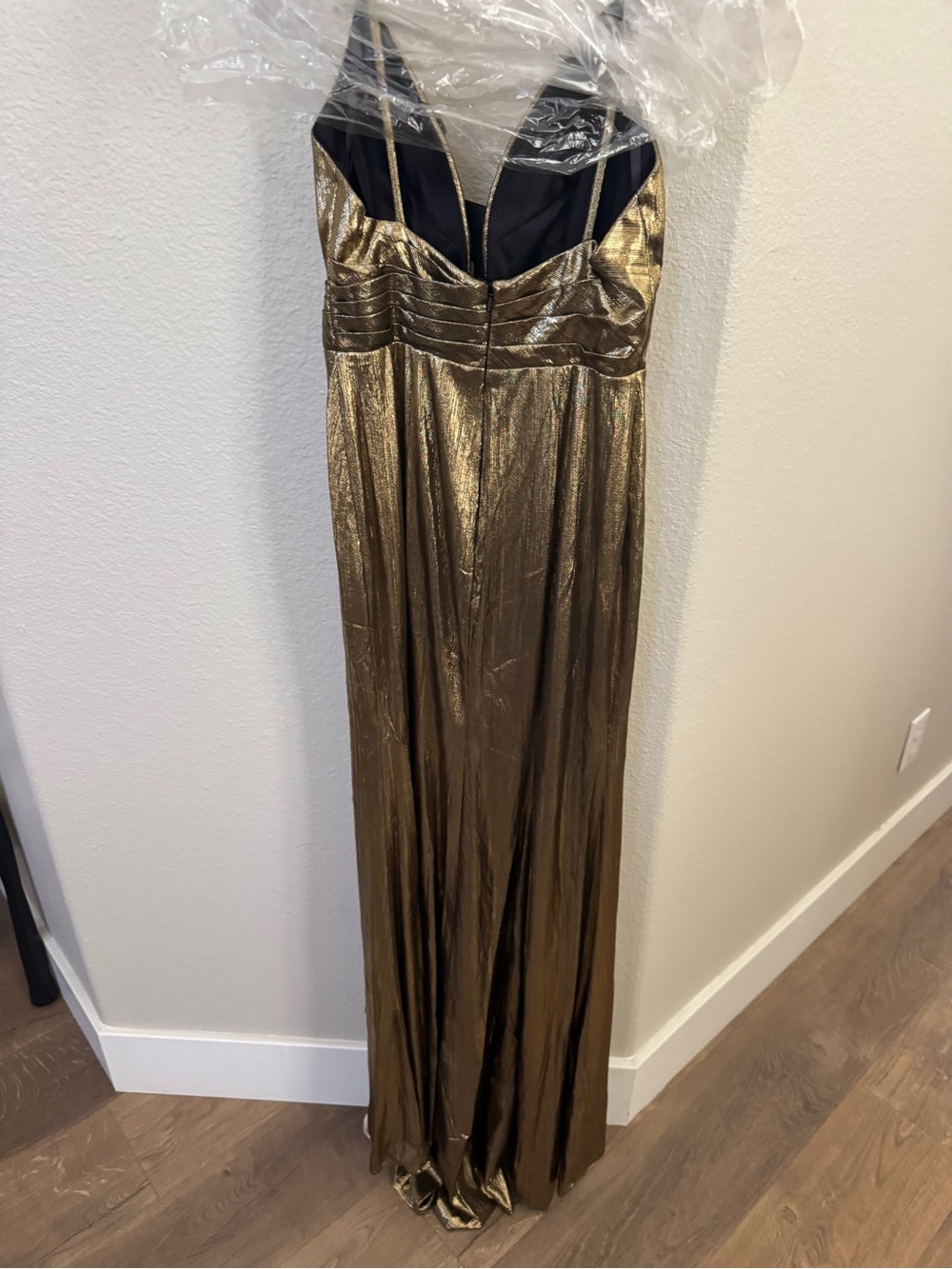 Mac Duggal Metallic Gold Plunging V-Neck Maxi Dress - Picture 2 of 5